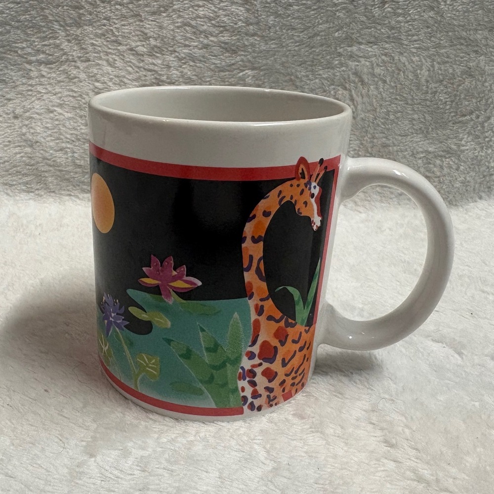 Vintage 80s Angela Ackerman Jungle Safari Giraffe Zebra Coffee Mug Cup